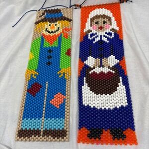 Handmade Beaded Scarecrow Pilgrim Wall Hangings Banner Set‎ OOAK Thanksgiving
